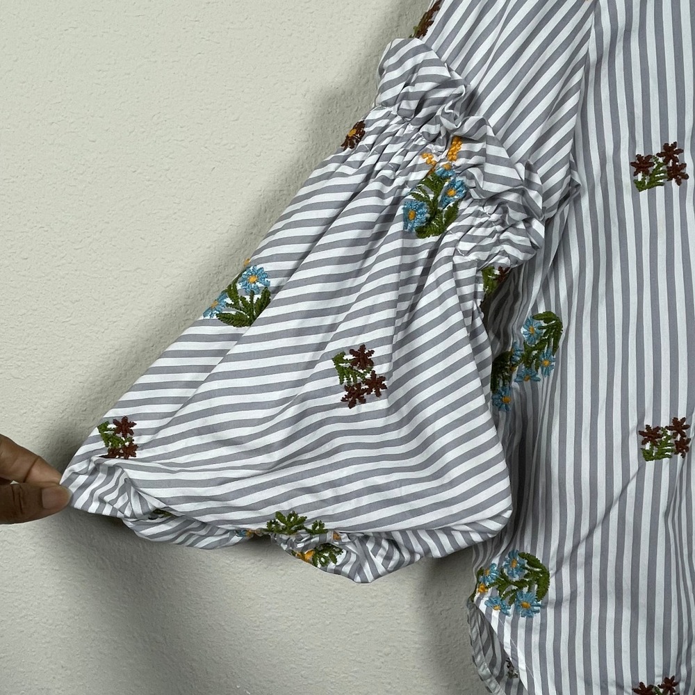Silvia Tcherassi Lucaya Blouse XS Gray Stripe Floral Embroidered Puff Sleeve - Picture 2 of 8